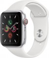 Apple - Geek Squad Certified Refurbished Apple Watch Series 5 (GPS + Cellular) 44mm Silver Aluminum Case with White Sport Band - Silver Aluminum