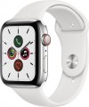 Apple - Apple Watch Series 5 (GPS + Cellular) 44mm Stainless Steel Case with White Sport Band - Stainless Steel (Unlocked)