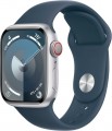 Apple Watch Series 9 (GPS + Cellular) 41mm Silver Aluminum Case with Storm Blue Sport Band - S/M - Silver
