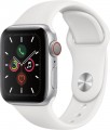 Apple - Geek Squad Certified Refurbished Apple Watch Series 5 (GPS + Cellular) 40mm Silver Aluminum Case with White Sport Band - Silver Aluminum